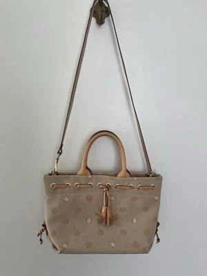 VTG Dooney & Bourke Satchel Purse Tan Fabric Polka Dots Shoulder Strap Tassles - Image 1 of 4