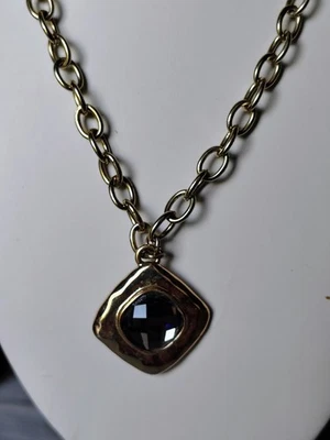 Bella Jack GoldTone Statement Necklace-Faceted Blue Glass Pendant Hammered Link - Image 1 of 4