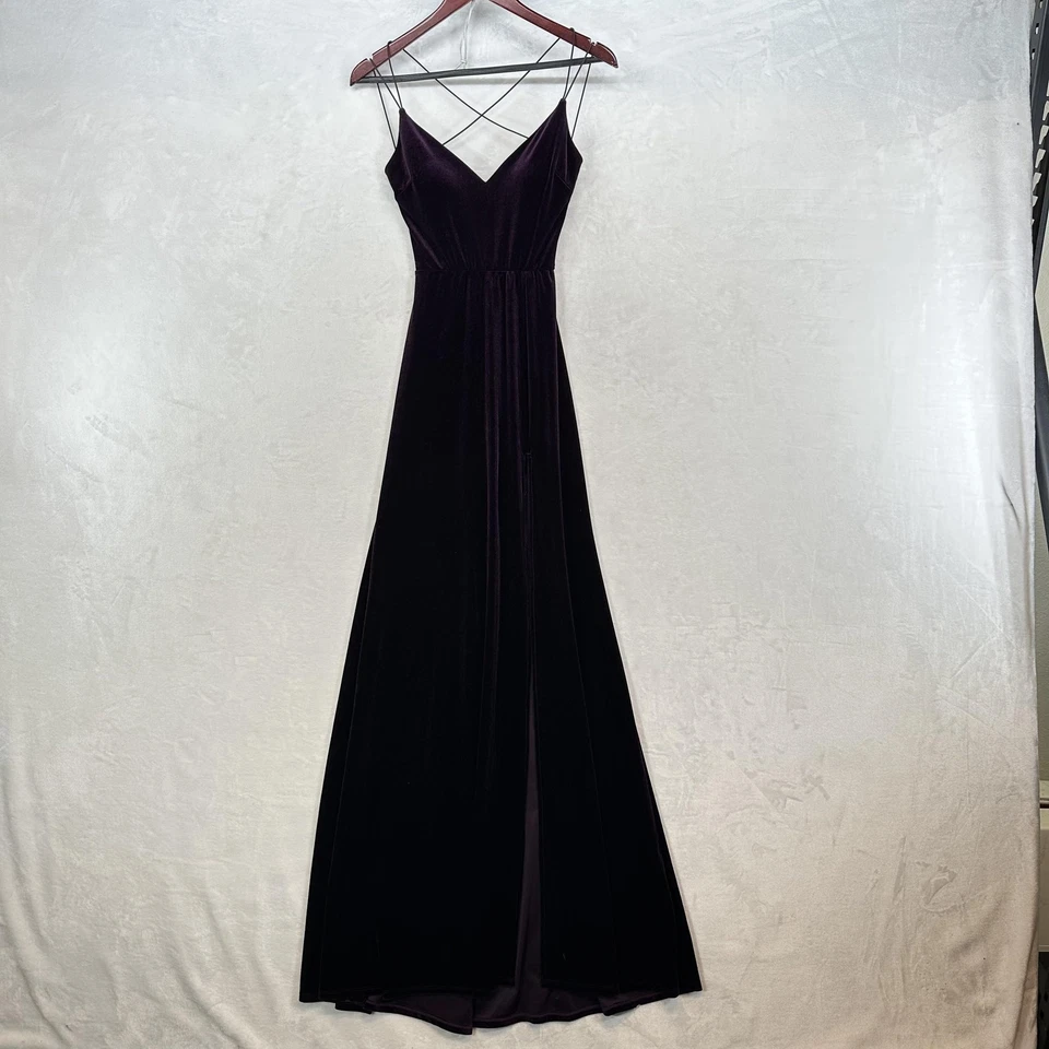 Vestido Bisou Bisou Para Mujer XS Púrpura Terciopelo Maxi Largo Formal Sin Cordones Tirantes Foto 1 de 4