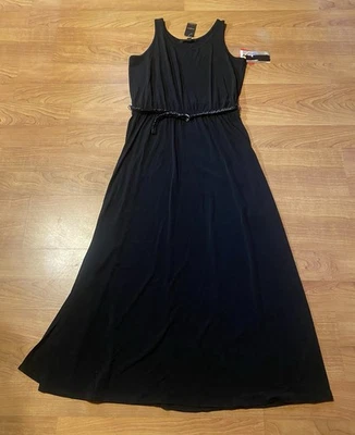 全新带标签 Fever 黑色无袖长裙女式 M 侧开衩套衫编织腰带 — 第 1/4 张图片