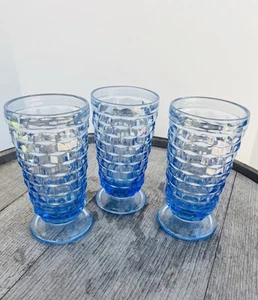 VTG Lovely Indiana Glass Whitehall Cube Pattern Blue Iced Tea Glasses Set of 3 - Picture 1 of 10