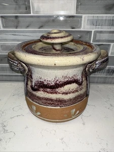 VTG~Pottery Stoneware 5.5” X 7” Multicolor Pot w/ Lid & Handles~Signed by Artist - Picture 1 of 17
