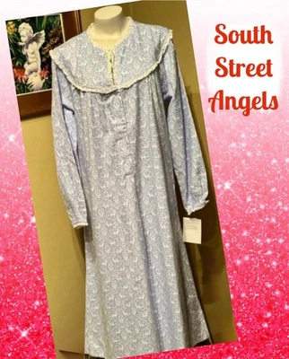LANZ OF SALZBURG  ~ BLUE COUNTRY DEER ~   Long FLANNEL V-Neck Nightgown  1X - Image 1 of 4