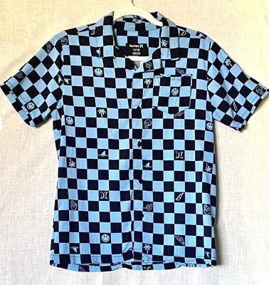 Camisa Hurley Boy’s 14/16 Abotonada Azul Negro Cuadros Calavera Smiley Bolt Foto 1 de 4
