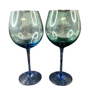 Set of 2 Elegant Mouthblown Balloon Green to Blue Fade Wine Glasses 8.75” x 4" - Picture 1 of 3
