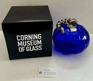 Corning Brian Juk 8” Blue Glass Pumpkin Hand Blown Corning Museum of Glass NEW - Picture 1 of 11