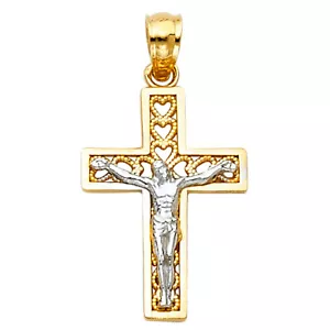 Genuine 14k Two-Tone Gold 0.82" Heart Crucifix Religious Pendant For Men Women - Picture 1 of 6