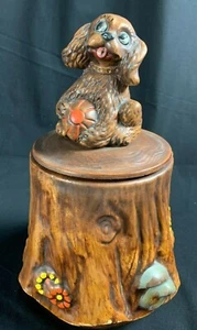 ORIGINAL DE COLECCIÓN PERRO OJOS CRUZADOS SENTADO EN UN ÁRBOL TARRO GALLETAS - Imagen 1 de 4
