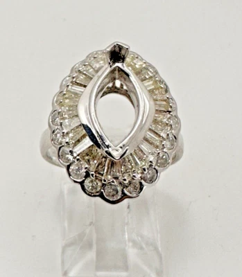 18k White Gold Marquise Shape Mounting Baguette & Round Diamonds Ring Size 6 1/2 - Image 1 of 4