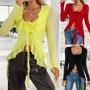 Sexy Blusa Blusa Top Camisa con Volantes Cuello Redondo Manga Larga Moda para Dama Malla Flor - Imagen 1 de 24