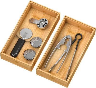 Бамбуковый органайзер кухонный ящик штабелируемый столовое серебро лоток посуда органайзер вырез - Изображение 1 из 4