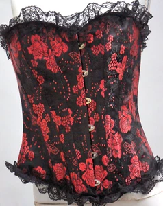 Black Lace Trim Red Rose Print Corset Bustier Goth Burlesque Lingerie - Picture 1 of 7