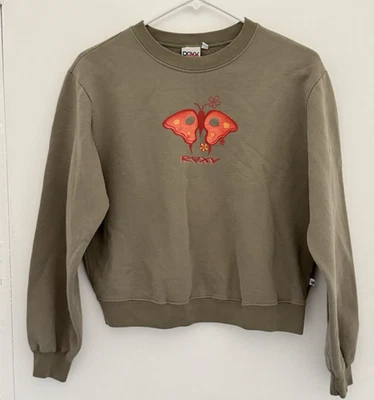 ROXY Sudadera Para Mujer M Verde Oliva Cuello Redondo Corta Manga Larga De Colección/Y2K Foto 1 de 4