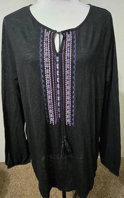2X Faded Glory NWT womens top blouse black embroidered long sleeve hippie boho - Image 1 of 3