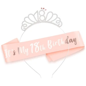 Rose Gold Happy 18th Birthday Sash and 18 Birthday Tiara Rhinestone Crown - Picture 1 of 5