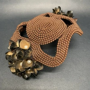 Vintage BES-BEN Beaded Skull Cap Hat Flower Clusters With Faux Pearls Brown Gold - Picture 1 of 11