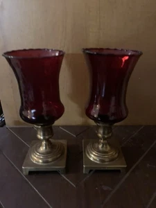 Pair Of Brass And Red Glass Candle Holders Made In England - Picture 1 of 4