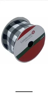 Celebrate It Christmas Wired Ribbon 2.5"x25 ft Black White Plaid Polyester - Picture 1 of 4
