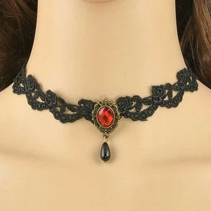 Black Lace Victorian Vintage Gothic Red Gem Chain Collar Choker Necklace Pendant - Picture 1 of 2