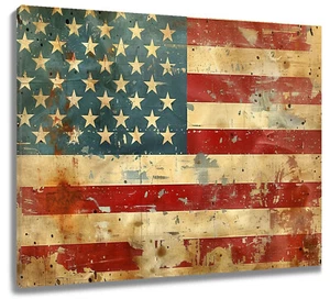 Arte de pared de lienzo vintage a rayas rojas con bandera americana para baño sala de estar - Imagen 1 de 16