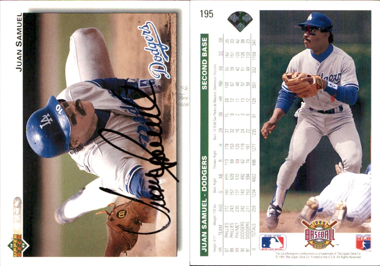 Juan Samuel Signed 1992 Upper Deck #195 Card Los Angeles Dodgers Auto AU