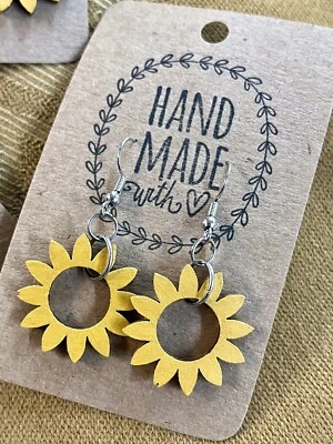 Round Sunflower Earrings - Yellow Dangle Hand-Painted - Image 1 of 4