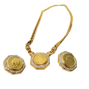 Vtg Chameau Et Chameau Francaise Coin Replica Crystal Curb Necklace Earrings Set - Picture 1 of 10
