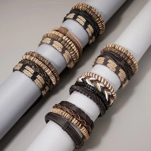 Juego de 4 brazaletes brazalete de cuero retro punk cuerda de cáñamo cuentas con cáscara de coco - Imagen 1 de 20
