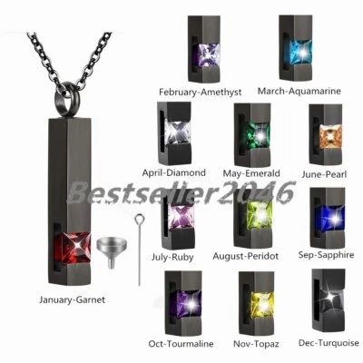 Piedra de cumpleaños urna de cremación cubo cenizas conmemorativas collar colgante recuerdo 22" Foto 1 de 4