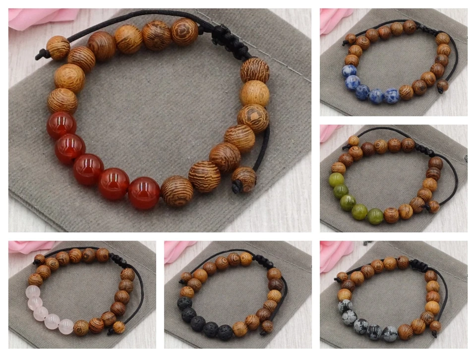 Brazalete con cordón de piedras preciosas naturales y madera de wengué cristal curativo chakra piedras preciosas 8 mm Foto 1 de 3