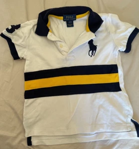 RALPH LAUREN Classic Boys Top White Navy and Yellow Stripe Shirt Size 2 EUC - Picture 1 of 3