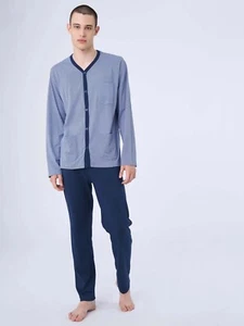 Ragno Pajamas Long V Neck Man Open Buttons Leg Straight Jersey Cotton Summer - Picture 1 of 4