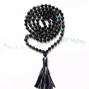 Black Agate Lava Stone Round Gems Tibet Buddhist 108 Prayer Beads Mala Necklace - Picture 1 of 9