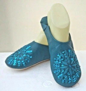 MOROCCAN * TURQUOISE * LEATHER SEQUINED SLIPPERS Size 8/42 - Picture 1 of 4