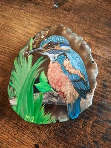 einzigartige Achatscheibe Eisvogel Unikat Geschenk Dekoration Handbemalt - Bild 1 von 1