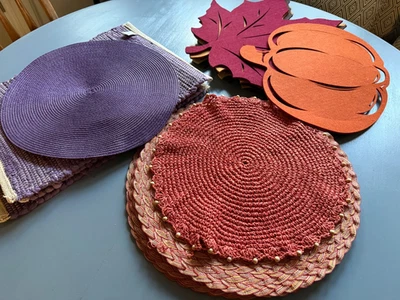 Three Sets (19) Placemats: Fall Leaves, Woven Purple Rectangle & Orange Round  - Image 1 of 4