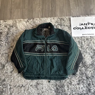 Vintage 90’s Fila Center Spellout Green Puffer Jacket DAMAGED Men’s Size Large L - Image 1 of 4