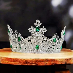 Silver Lion King Crown, Prince Wedding Crown, Green Crystal Crown for Groom - Picture 1 of 9