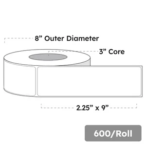 2.25" x 9" x 600 Labels, White Gloss BOPP Roll Inkjet Labels, 3" Core, Blank - Picture 1 of 3