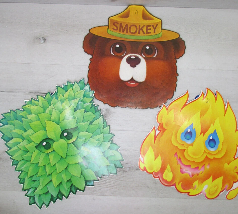 Vintage SMOKEY the BEAR and FRIENDS MASKS: Smokey, Fire, Tree 12" Paper Masks - Image 1 of 4