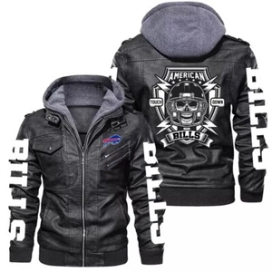 Buffalo Bills Leather Jacket Mens Bomber Vintage Motorcycle Coat, Sticker Patch - Picture 1 of 5