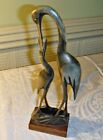 Vintage Horn Stork Crane Feeding Young Carving On Wooden Stand 10 3/4 Inches