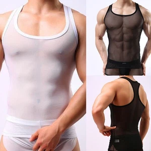Men's Sleeveless Vests Fishnet Tank Tops Stylish Sheer Breathable Wear - Picture 1 of 18