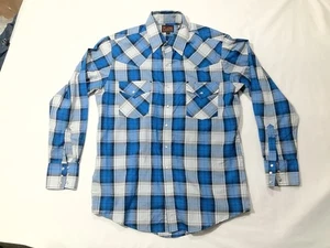 Plains Western Shirt Medium Blue Plaid Long Sleeve Pearl Snap Vintage - Picture 1 of 8