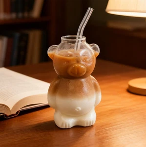 New Glass Bear Cup,Teddy Bear Glass Cup With Straw,Reusable Drinking Glass - Picture 1 of 13