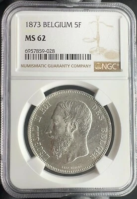 Bélgica 1873 5 francos plata NGC MS62 sin circular - escarchado fresco ¡Gran brillo! Foto 1 de 2