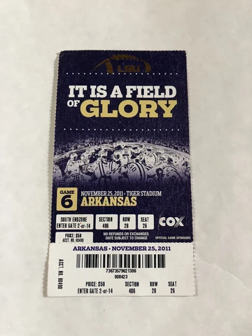2011 National Champion Finalist - LSU Arkansas - Ticket Stub - Tyrann Mathieu Cover