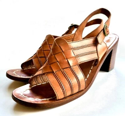 Sandalia de Cuero Vintage Años 70 Mod Hippy Jacqueline Tacón Apilado Eslinga Trasera 9 N Foto 1 de 4