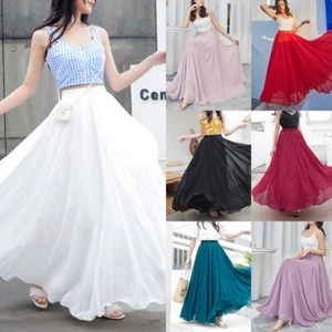 Women Maxi Swing High Waist Skirt A-line Dance Pleated Chiffon Long Dress - Picture 1 of 19