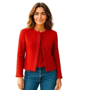 Akris Punto Womens Red Fringe Tweed Jacket Made In Italy Size 10 - Picture 1 of 13